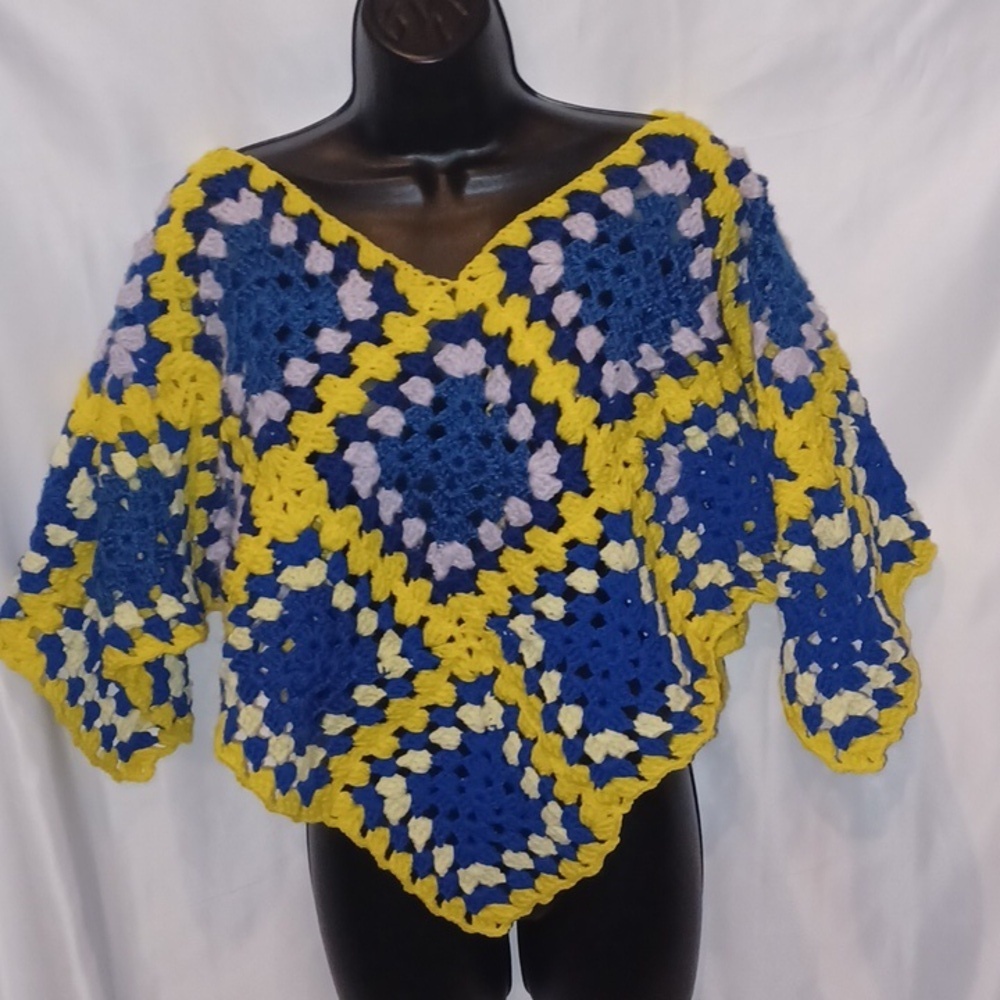 Colorful Handmade Crocheted Poncho, yellow, blue, gray